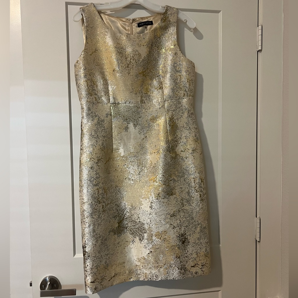 Albert Nipon Metallic Gold And Silver Brocade Midi Dress